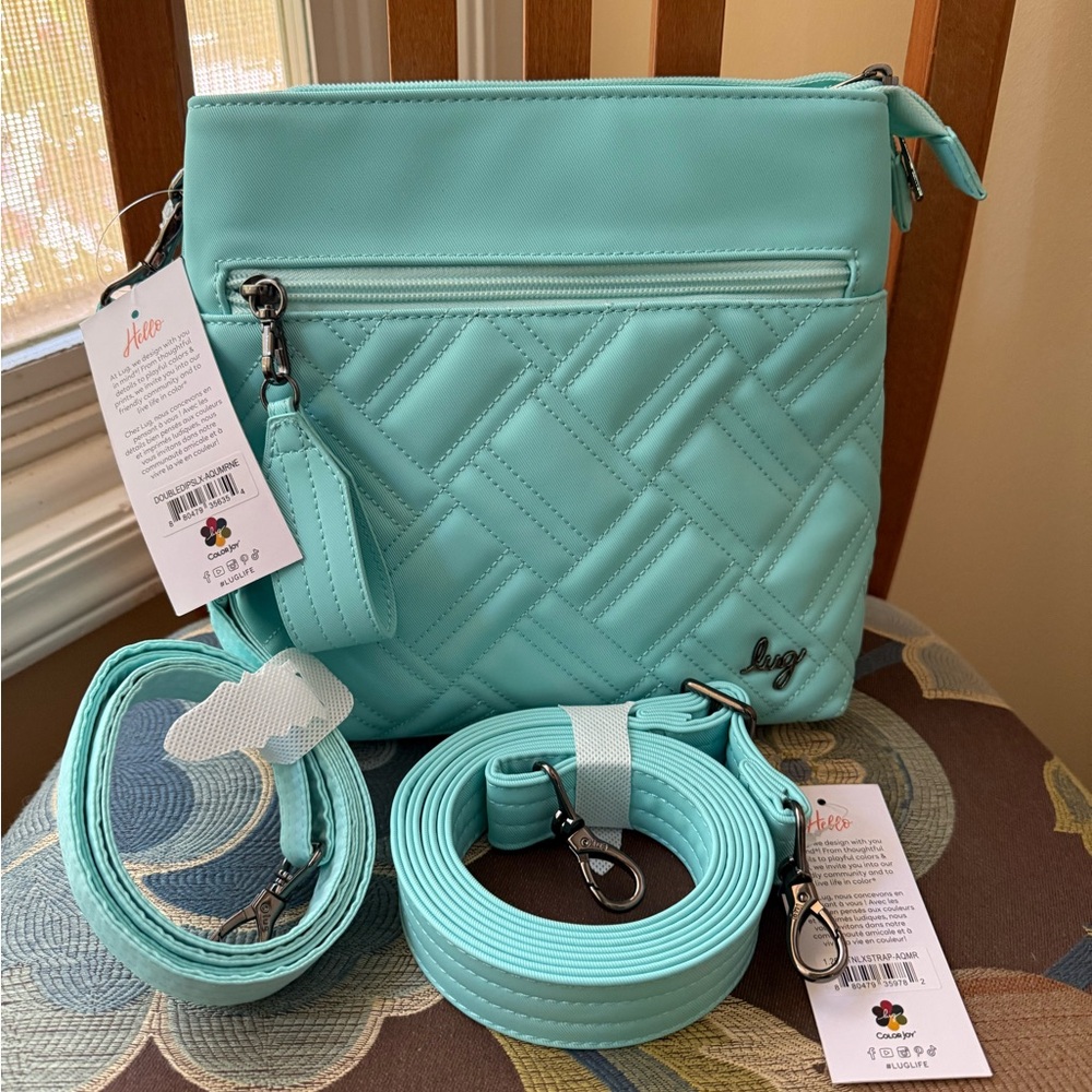 Lug DOUBLE DIP in Aquamarine Satin Luxe quilted crossbody bag with two straps!